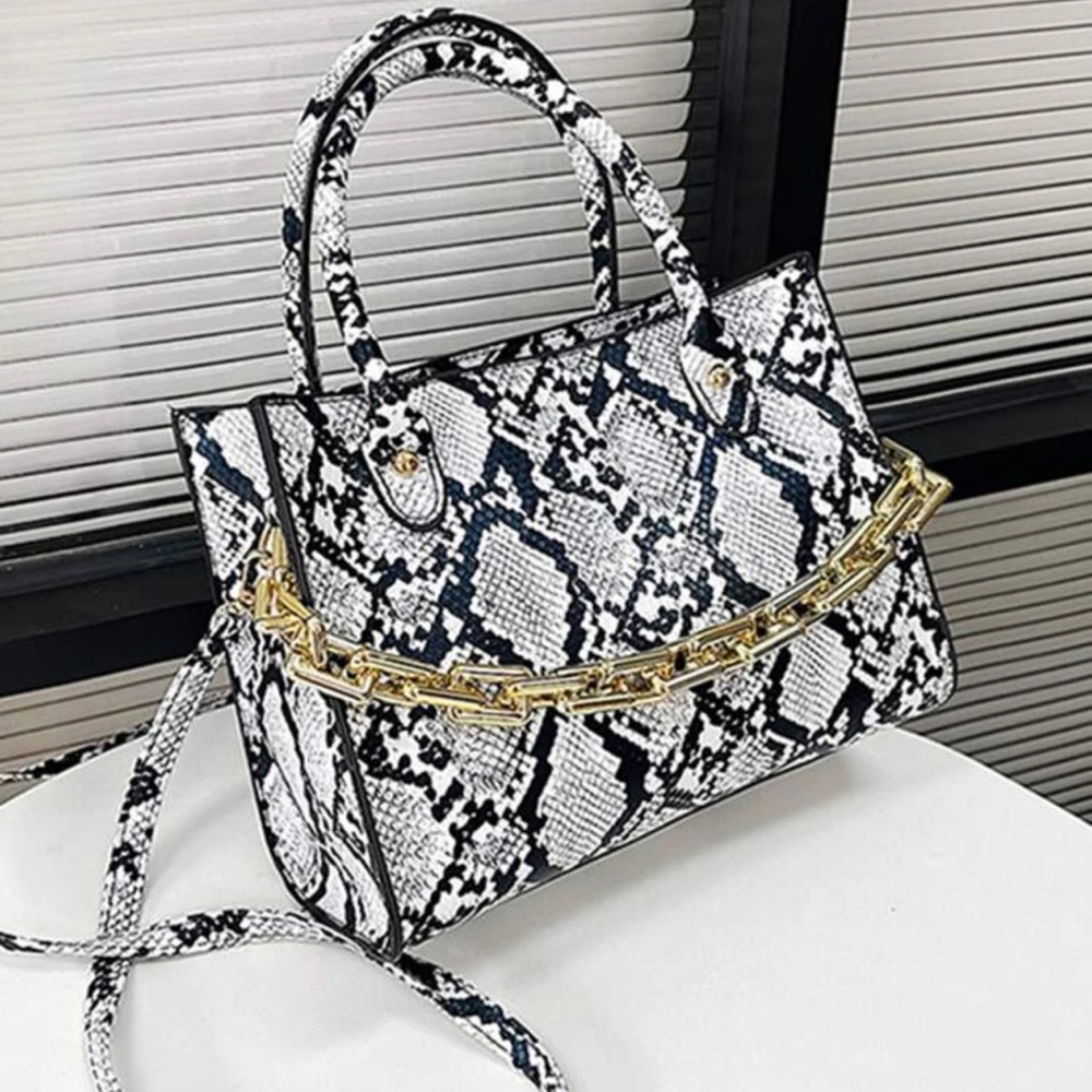 Snakeskin Embossed Double Handle Chain Decor Square Bag